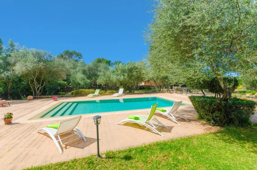 An outdoor swimming pool is surrounded by a paved deck, lounge seating, and trees.