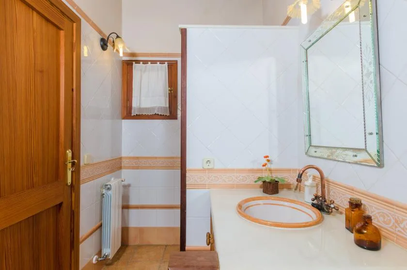 A bathroom with a sink, mirror, and shower enclosure.
