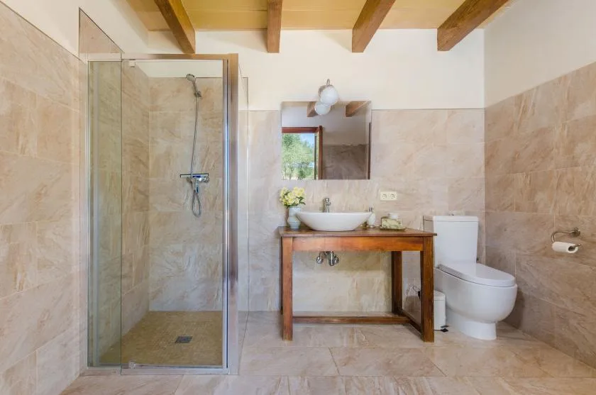 A bathroom with a glass shower, wooden vanity, and toilet.