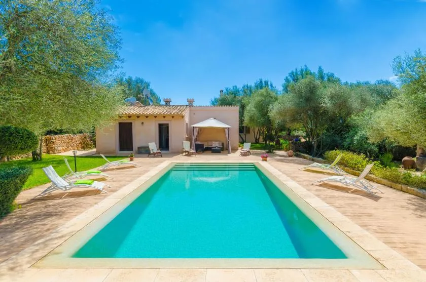 An outdoor swimming pool sits beside a low building and shaded seating.