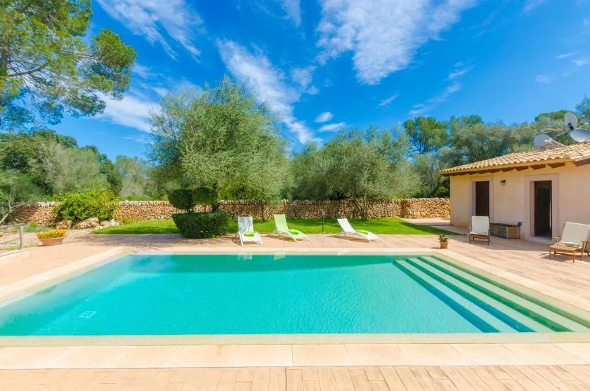 An outdoor swimming pool with steps beside a lawn and a small building.