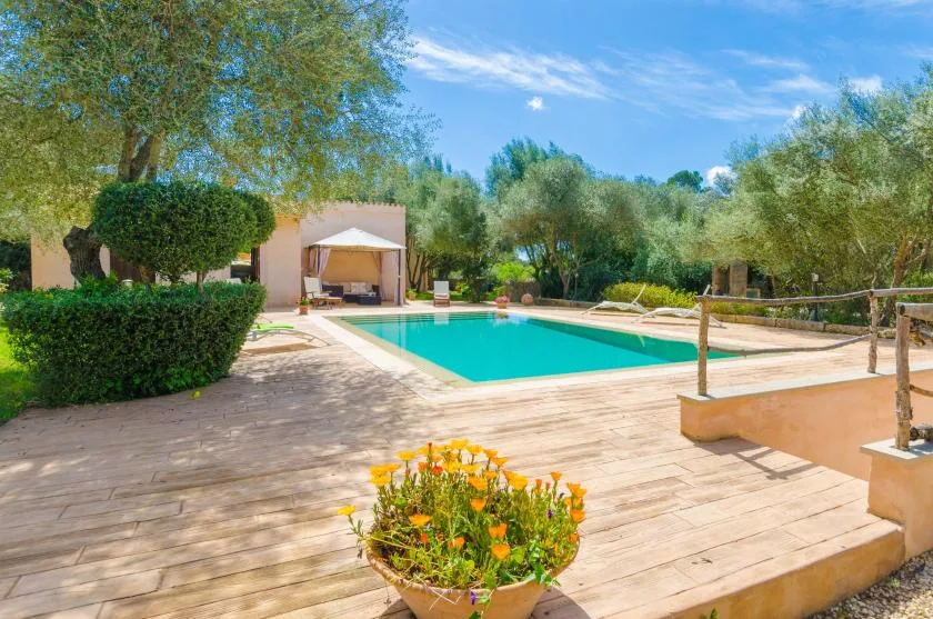 An outdoor swimming pool sits beside a wooden deck and garden.