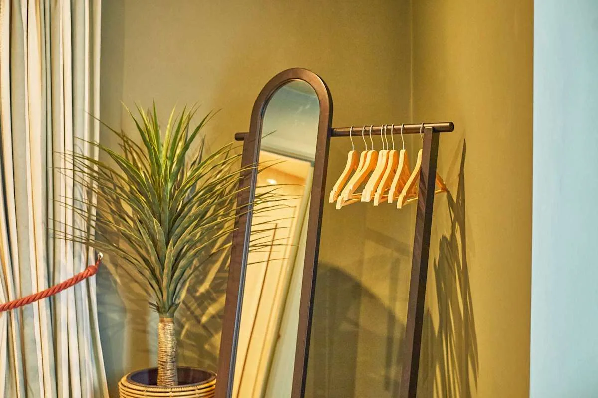 A clothes rack with hangers stands beside a full-length mirror and potted plant.