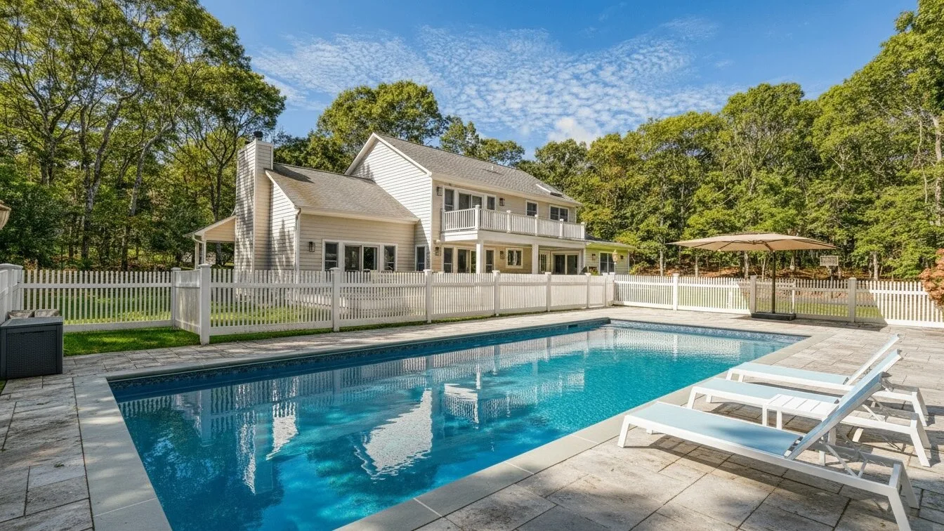 Una piscina al aire libre está junto a una casa blanca y un patio cercado.