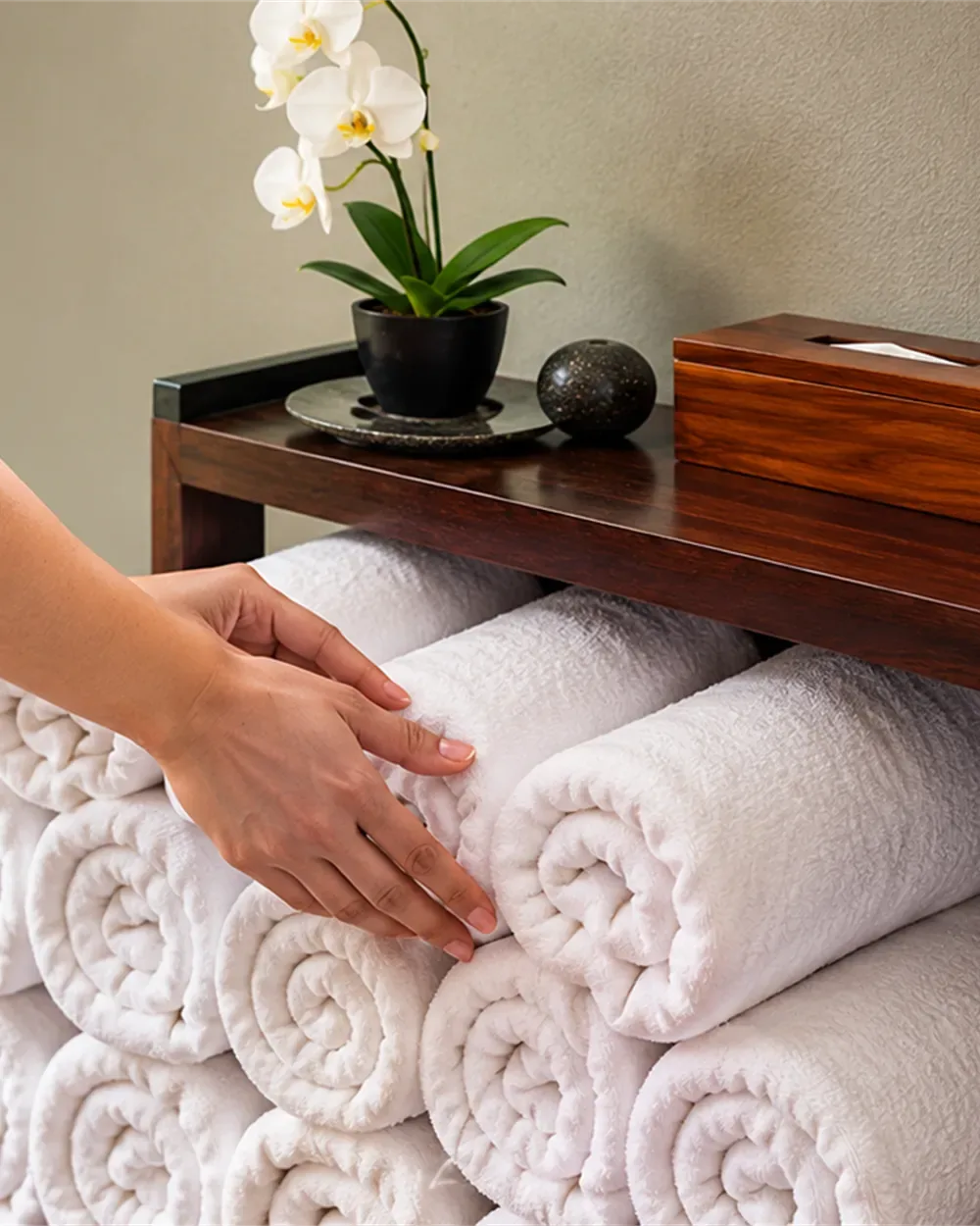 Terapeuta de spa colocando toallas en The Court Spa.