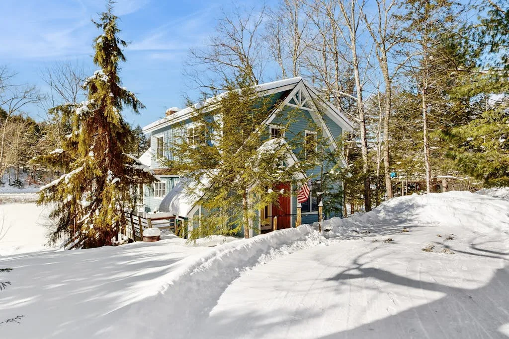 A blue house stands among trees beside a snow-covered driveway.