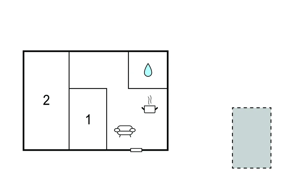 A simple floor plan shows two labeled areas, a sink, and a seating symbol.