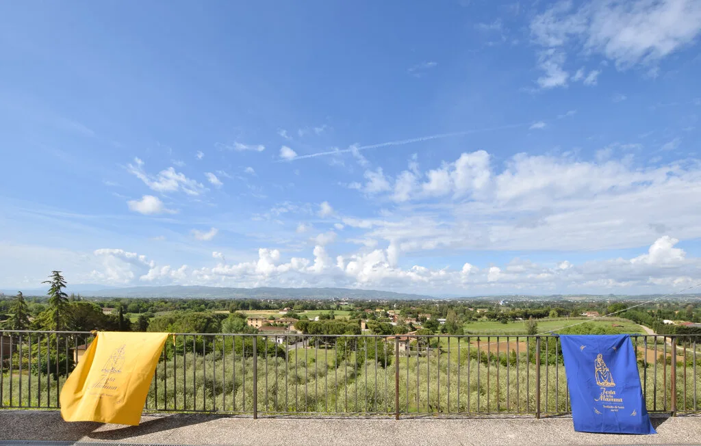 A wide countryside view stretches beyond a metal railing under a blue sky.