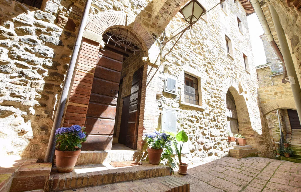 A stone courtyard with an arched wooden doorway and potted flowers.