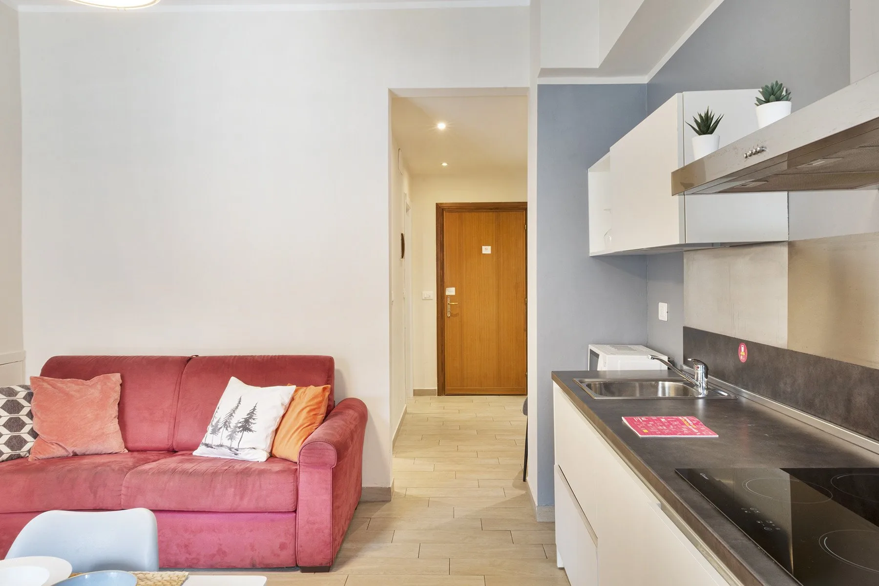 A compact living room and kitchen with a pink sofa beside the counter.