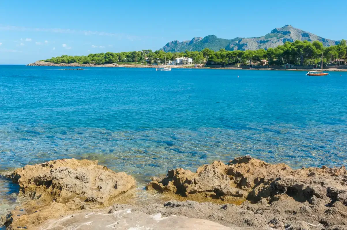 A coastal bay with clear blue water, rocky shore, and green hills in the distance.