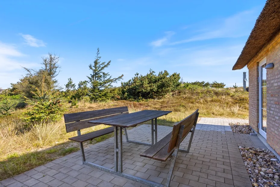 Un patio pavimentado con una mesa y bancos da a un campo abierto.