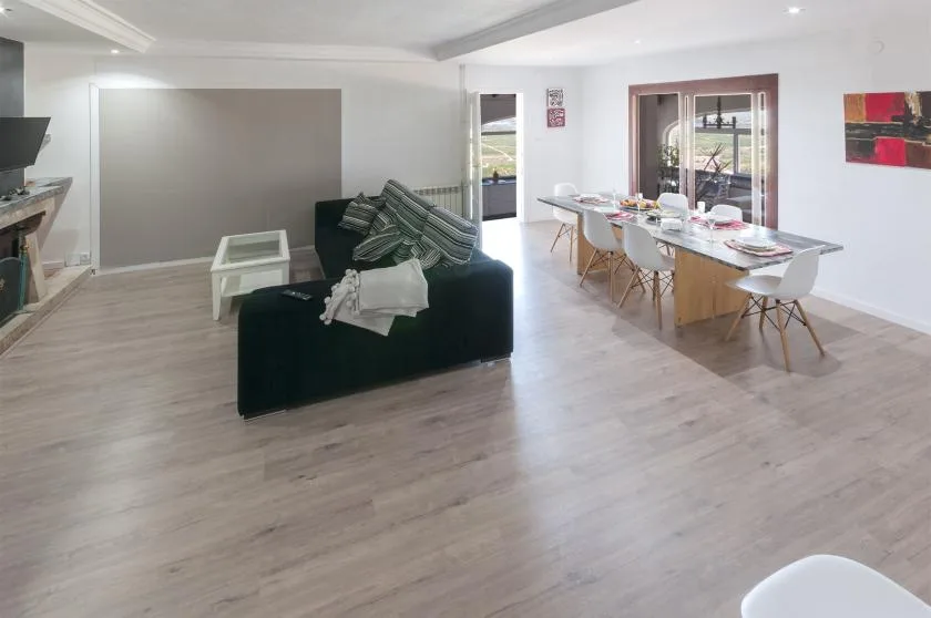 A living and dining area with a dark sofa and a long table set with dishes.