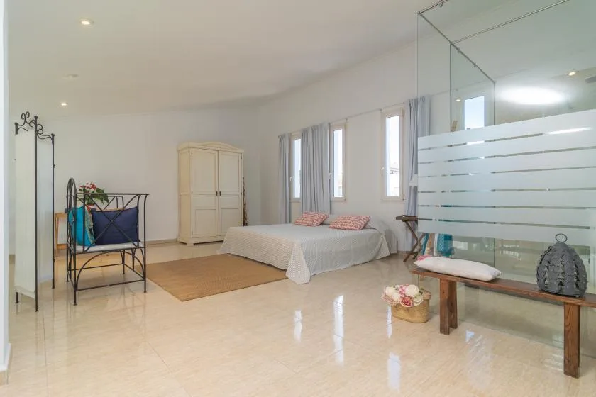 A bright bedroom with a bed, wardrobe, and glass partition.