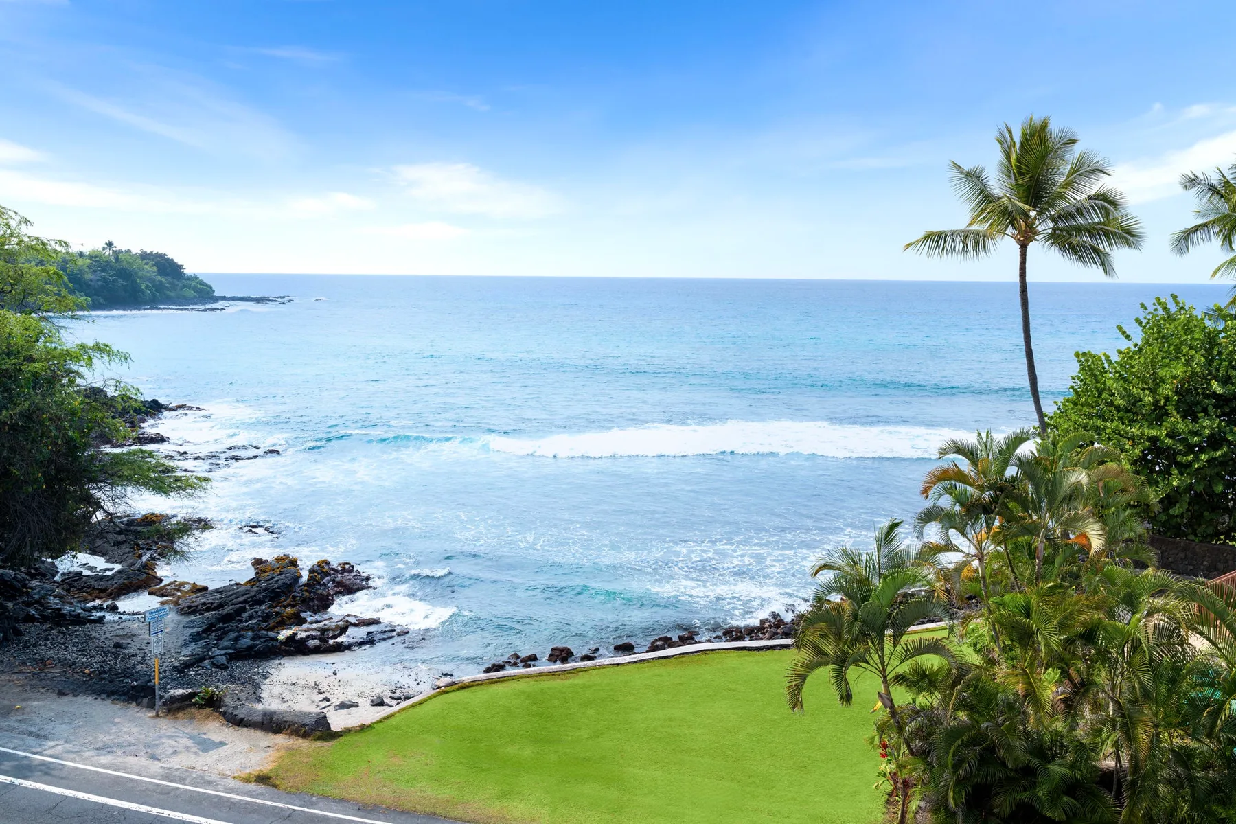 A coastal scene with ocean waves, rocky shoreline, and palm trees.