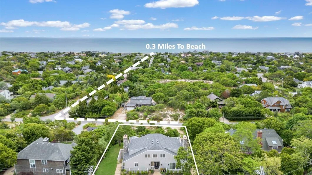 Aerial view of a coastal neighborhood with houses, greenery, and the ocean in the distance.