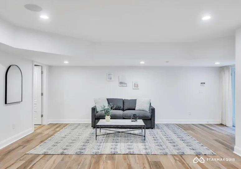 A bright living room with gray seating, a coffee table, and a large area rug.