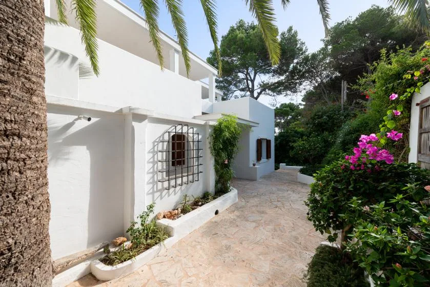 A paved outdoor walkway runs beside white buildings and flowering greenery.