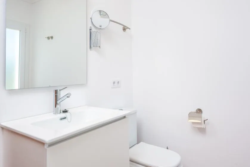 A bright bathroom with a sink, mirror, and toilet.