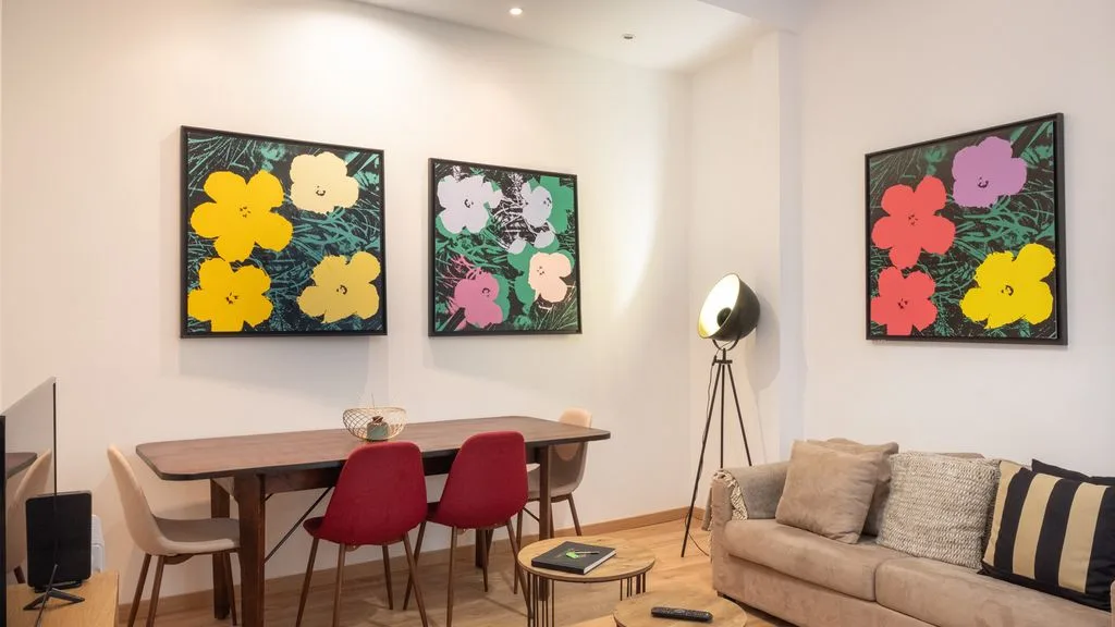 Un comedor con mesa y sillas está junto a una zona de estar.