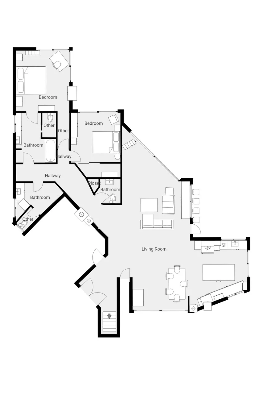 Un plano muestra dormitorios, baños, pasillos y una sala de estar.