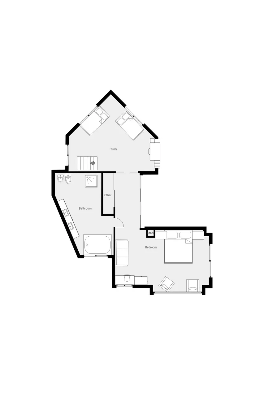 Un plano muestra un dormitorio, un baño y una sala de estar contigua.