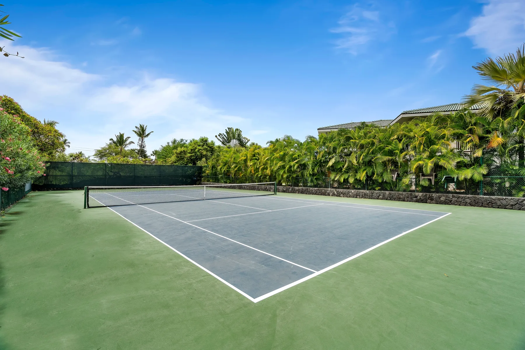 Una cancha de tenis al aire libre está rodeada de vegetación bajo un cielo azul despejado.