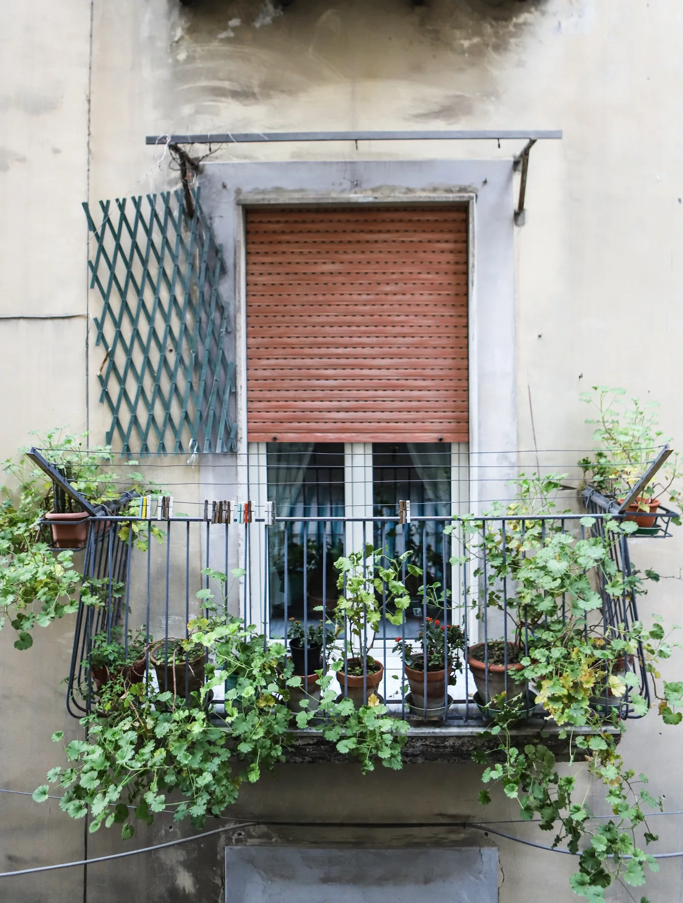 Un pequeño balcón con plantas en macetas está frente a una ventana con persiana.