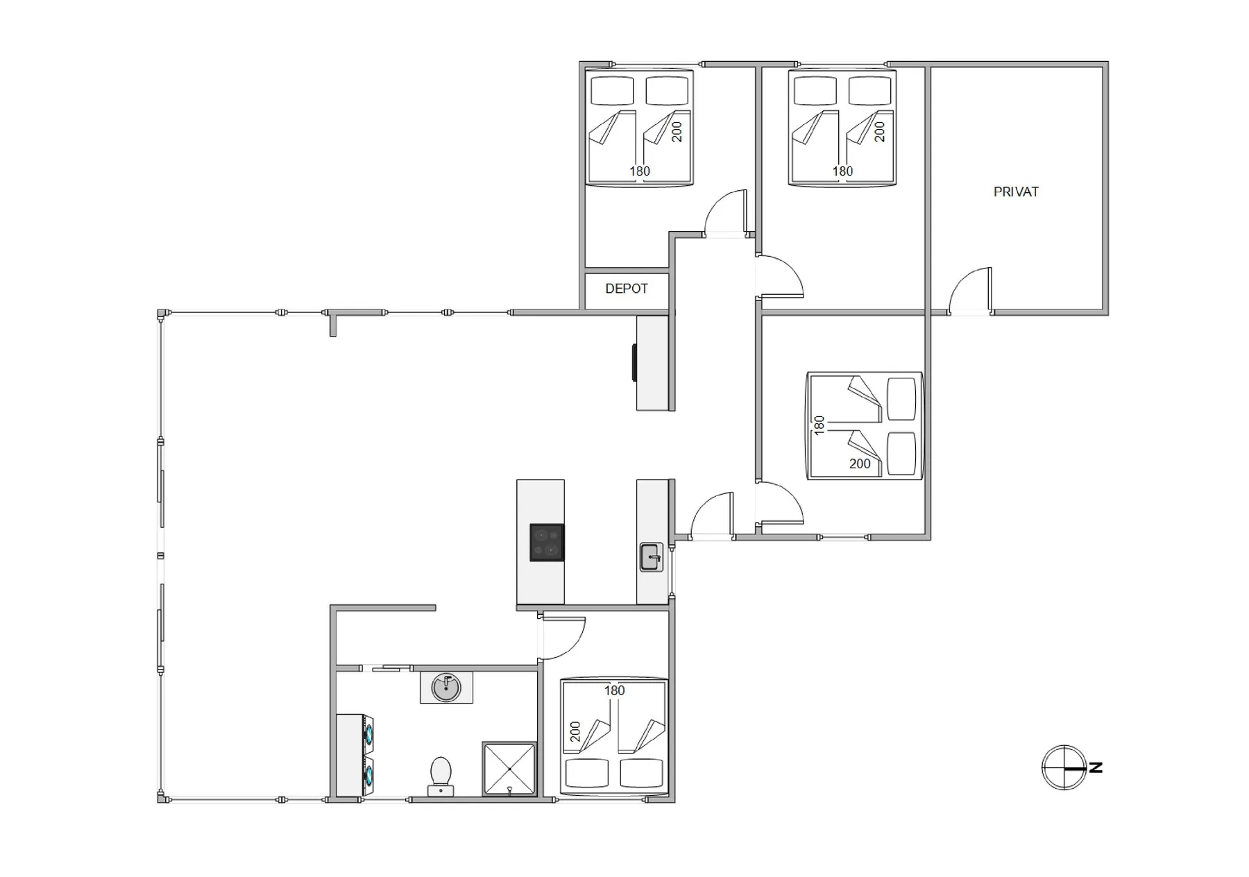 Un plano muestra varias habitaciones, muebles y un indicador de orientación.