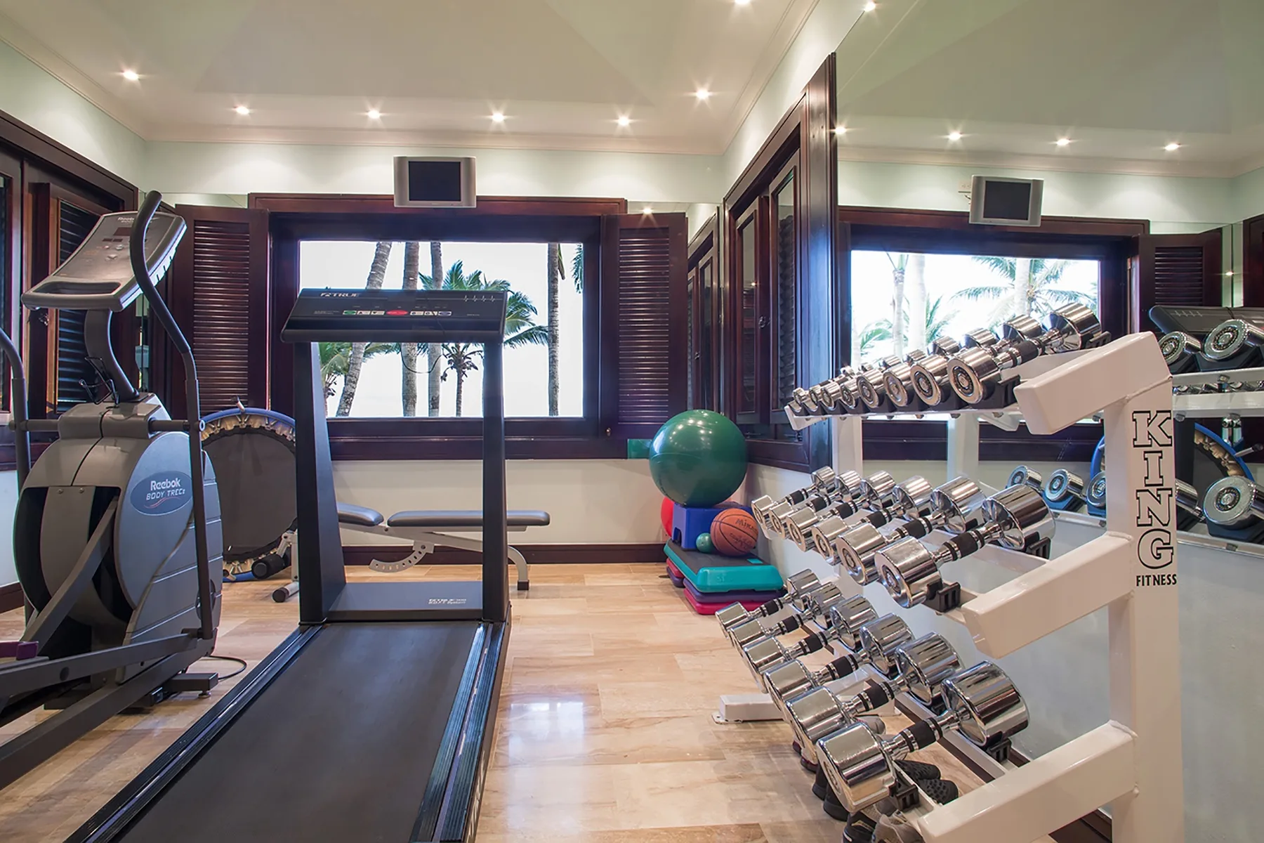 A gym with a treadmill, exercise equipment, and a rack of dumbbells.