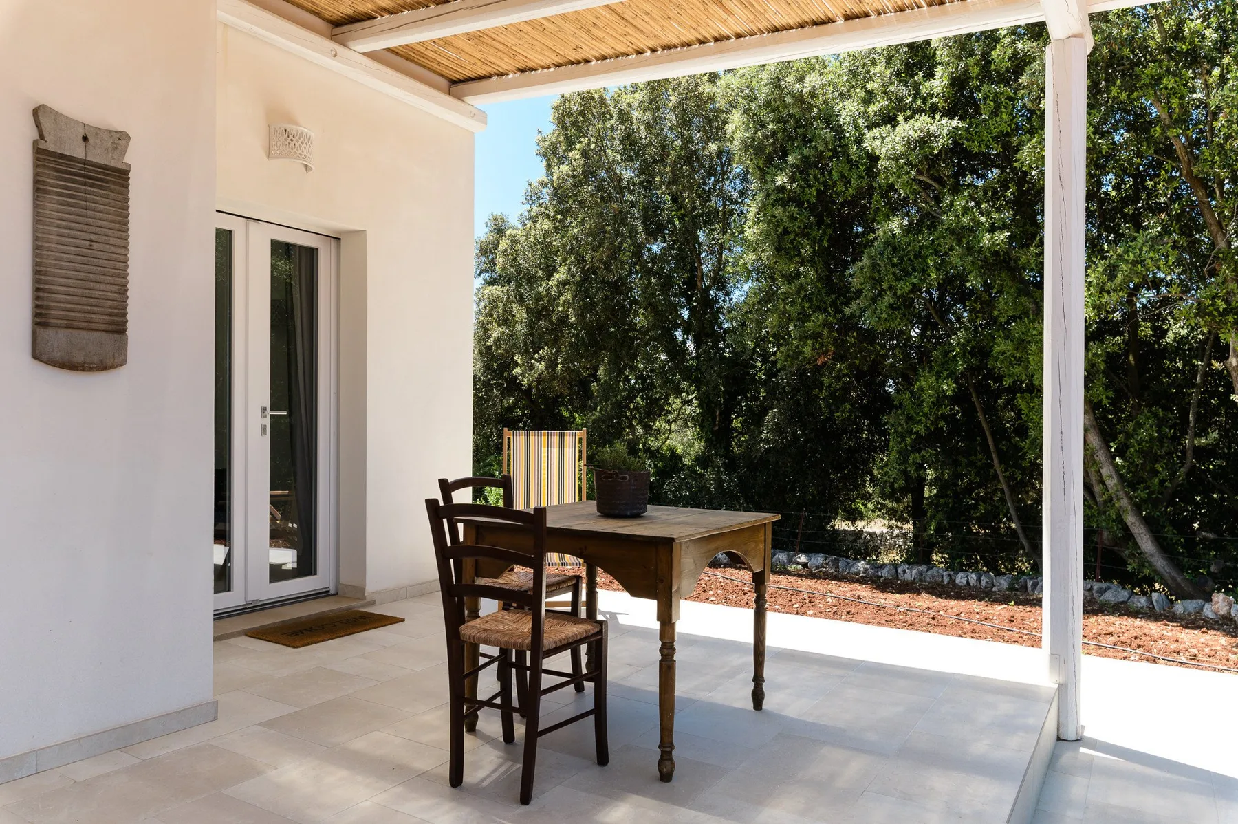 A covered patio with a dining table and chairs beside a white building.