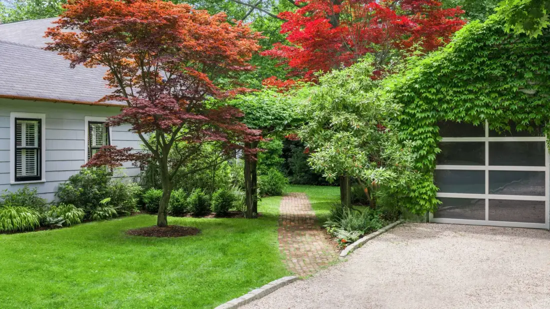 A garden path runs between a house and garage, surrounded by green lawn and trees.