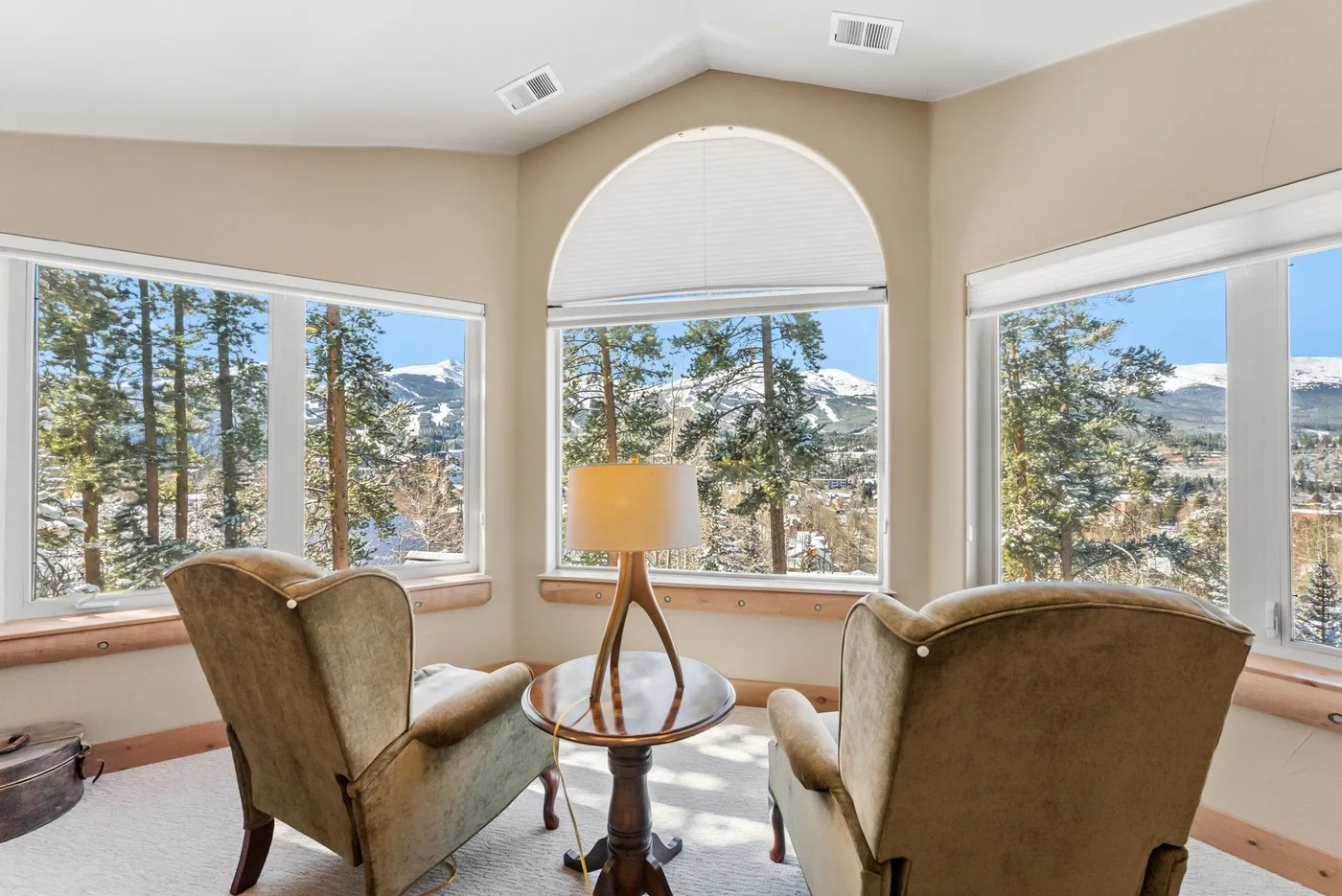 Una luminosa zona de estar con dos sillones y grandes ventanas con vistas a un paisaje montañoso.