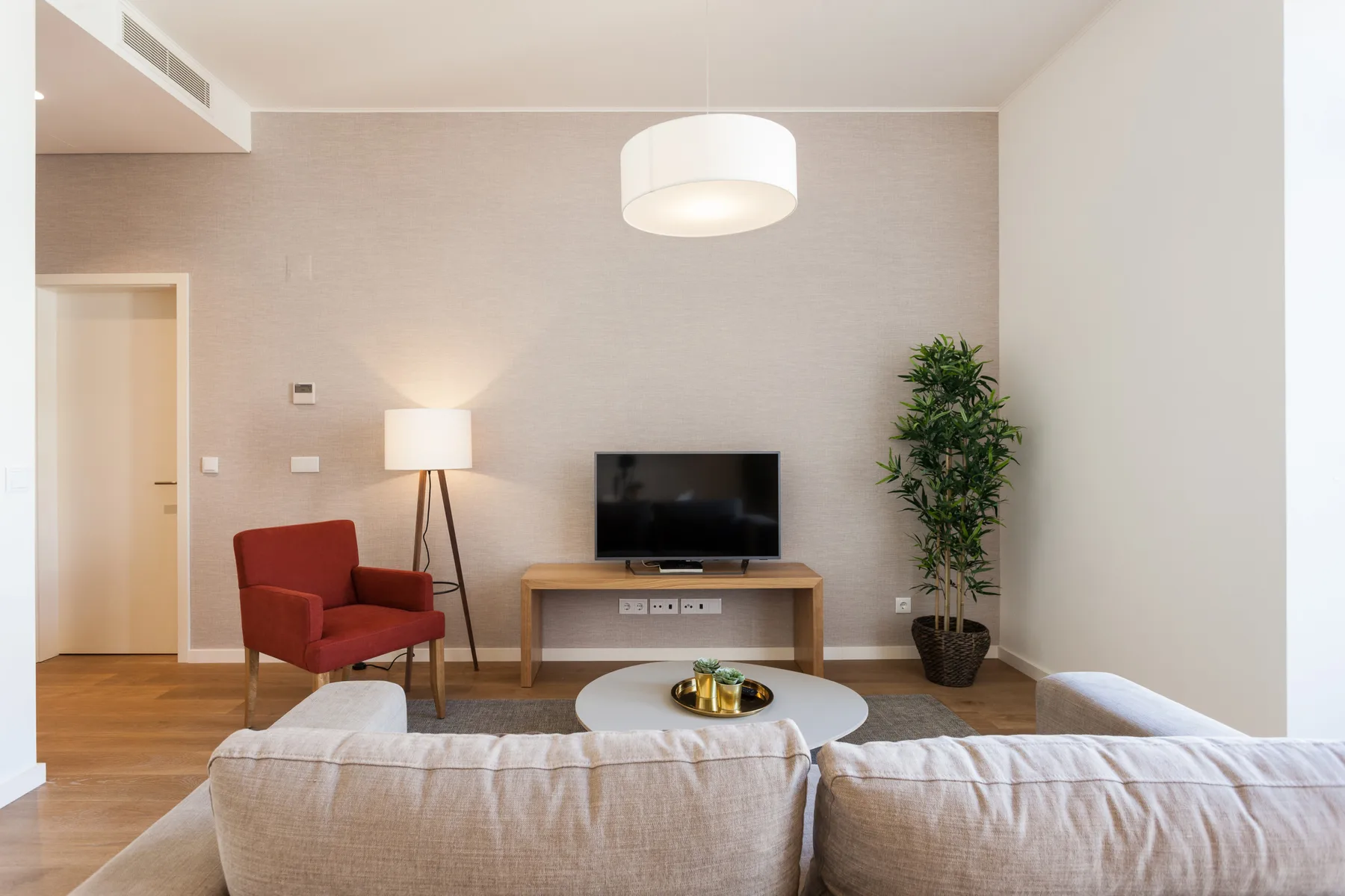Una sala de estar con un televisor, asientos y una planta en maceta.