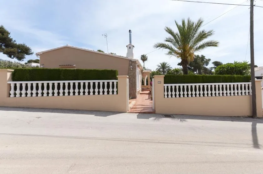 Entrada de una propiedad amurallada con una puerta peatonal y una palmera.