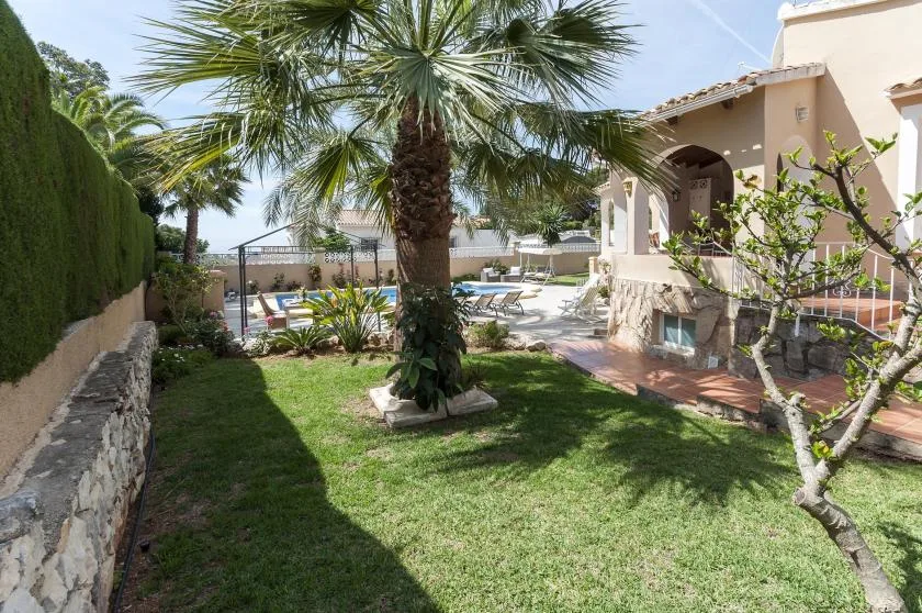 Jardín con césped junto a un edificio beige, con palmeras y una zona de piscina al fondo.