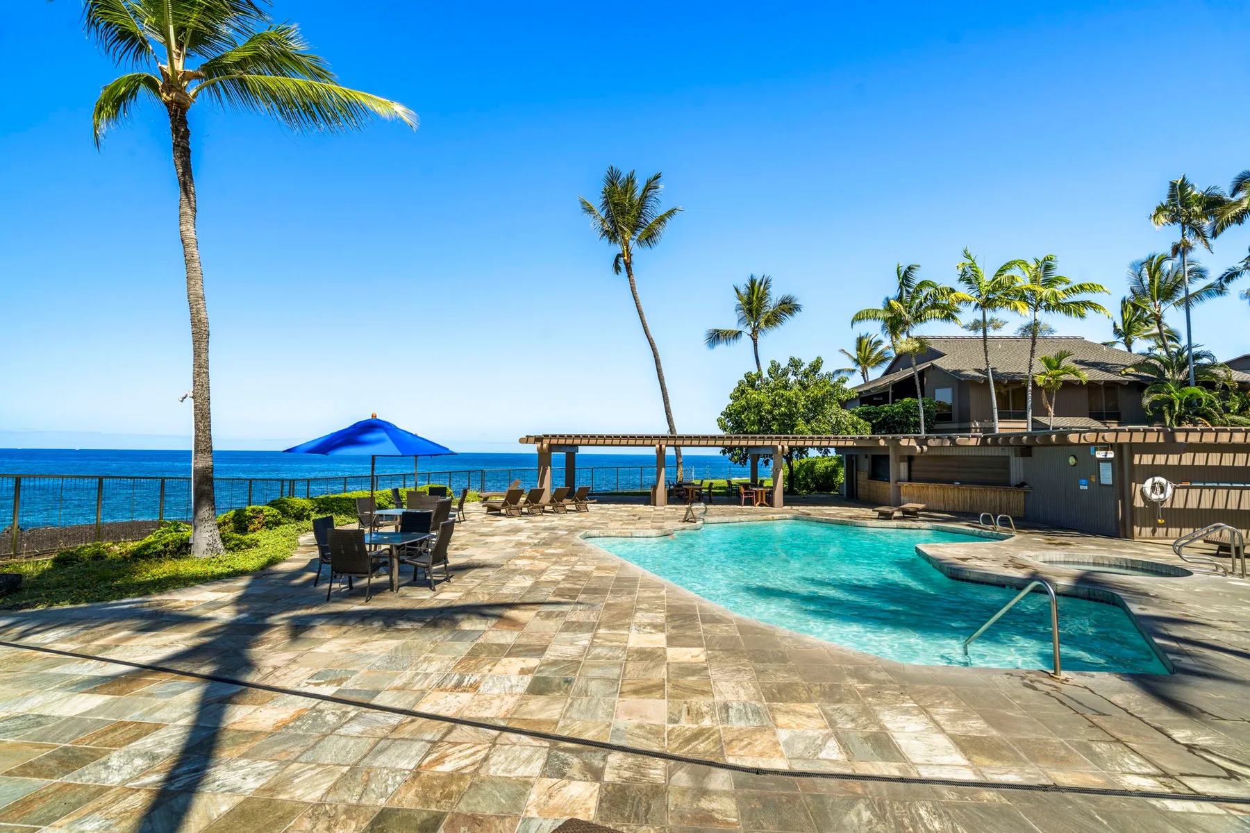 Una terraza con piscina junto al mar, asientos al aire libre y palmeras.
