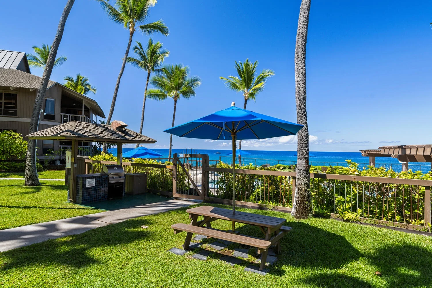 Una zona exterior junto al mar tiene césped, asientos de picnic, una sombrilla y palmeras.