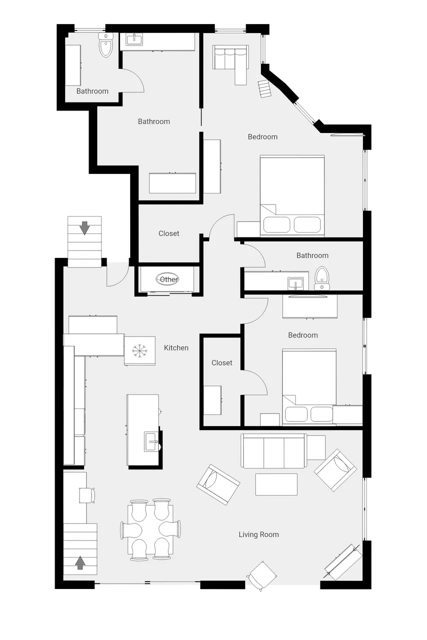 Un plano muestra dormitorios, baños, una cocina y una sala de estar.
