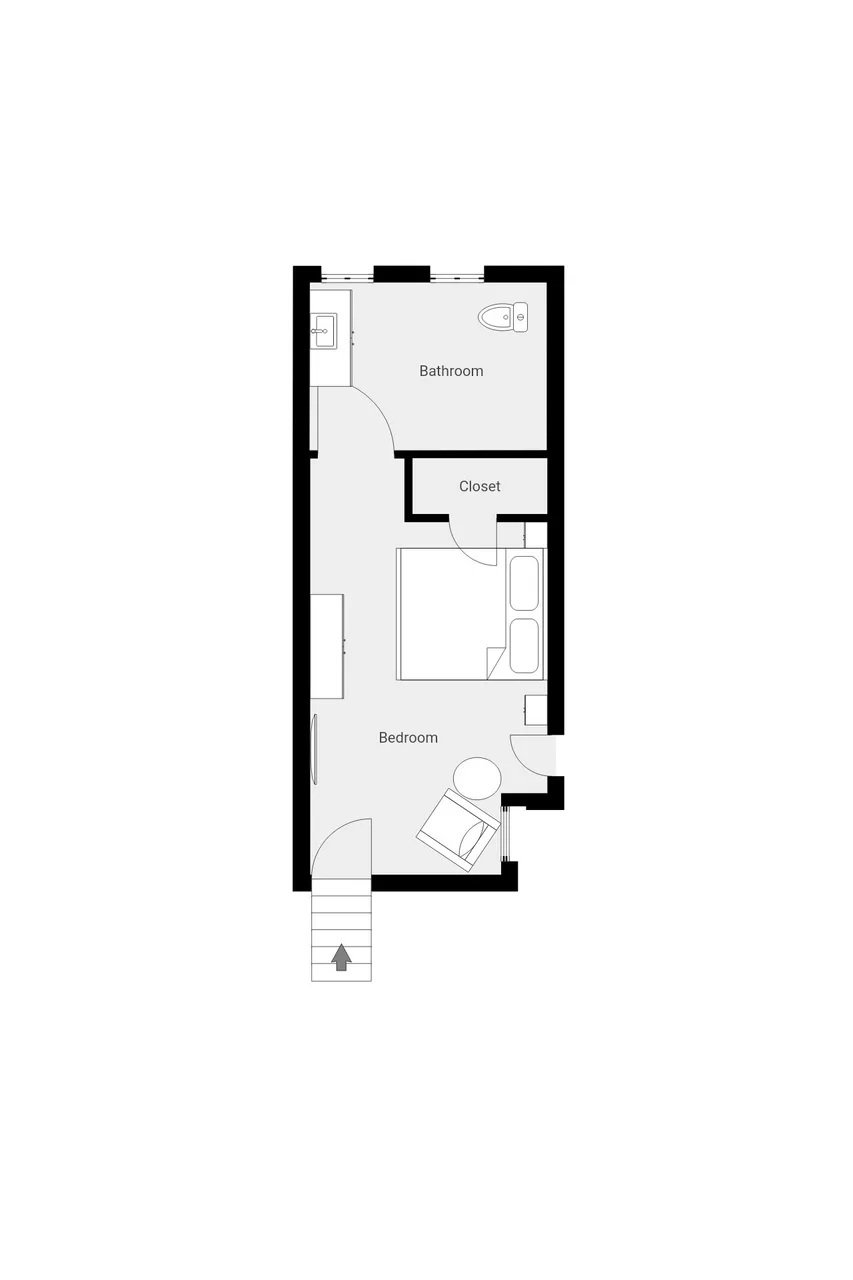 Un plano muestra un dormitorio, un baño y un armario.