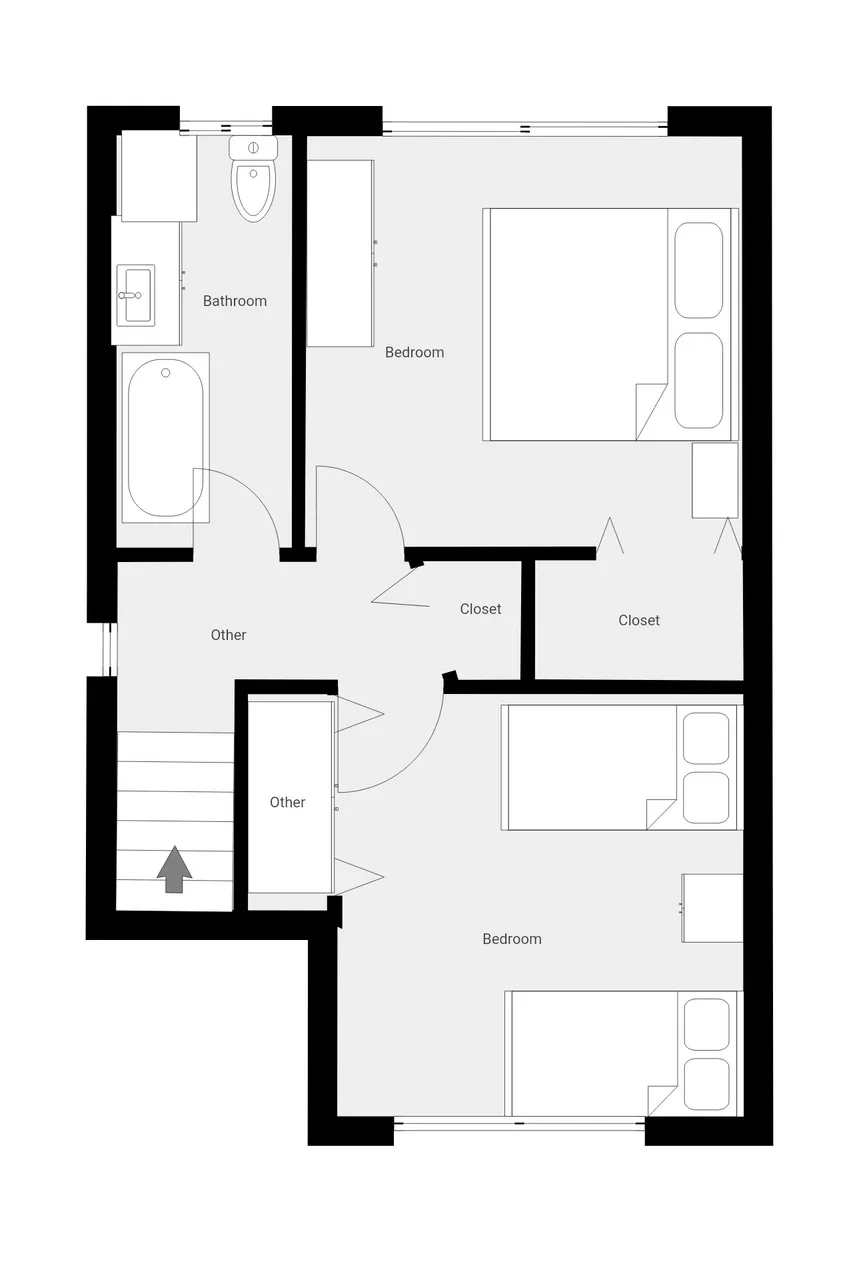 A floor plan shows two bedrooms, a bathroom, closets, and a central hall.