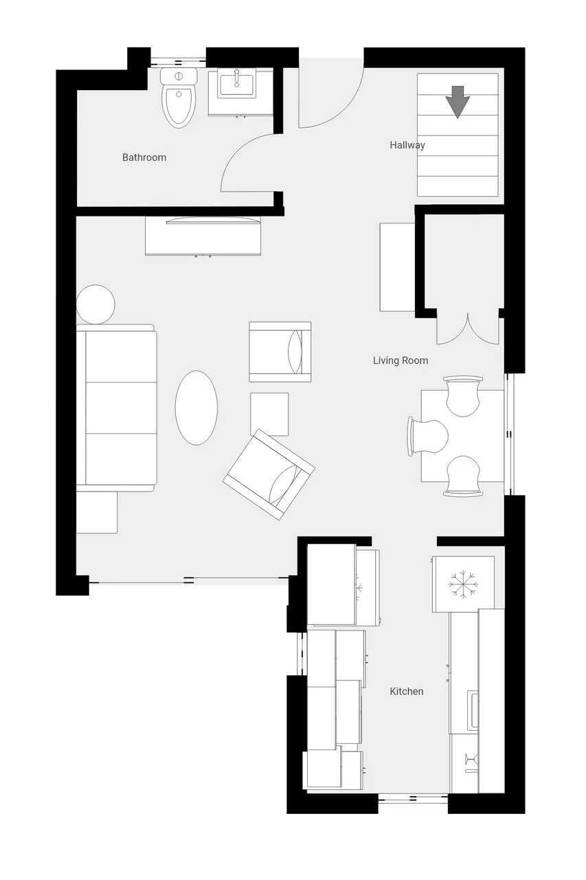 Floor plan showing a living room, kitchen, bathroom, and hallway.