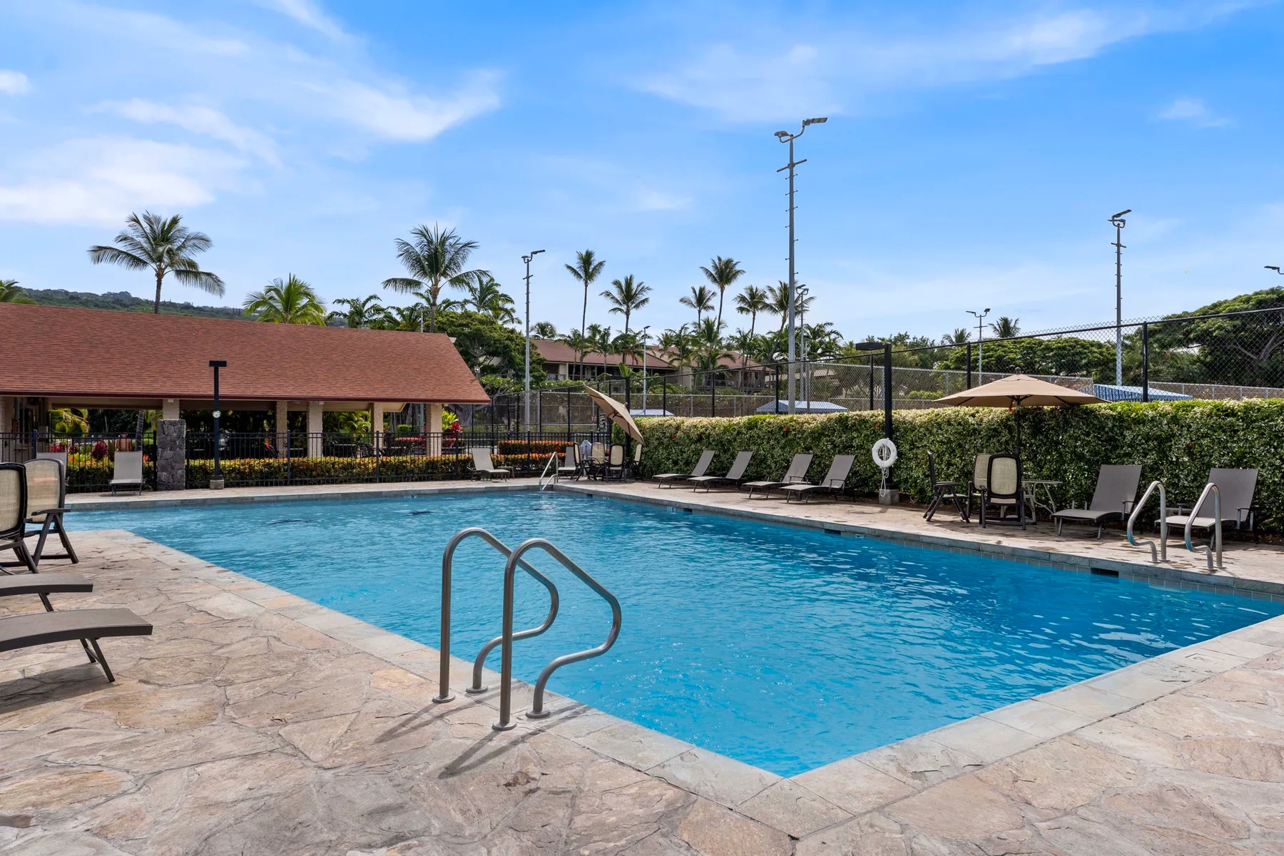 An outdoor swimming pool is surrounded by lounge seating and palm trees.