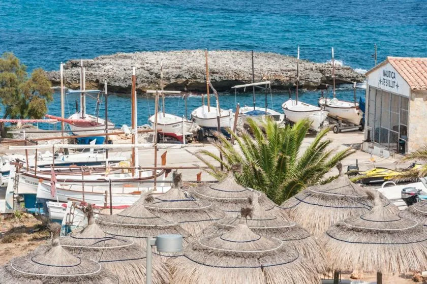 Un puerto junto al mar con pequeñas embarcaciones, sombrillas de paja y una palmera.
