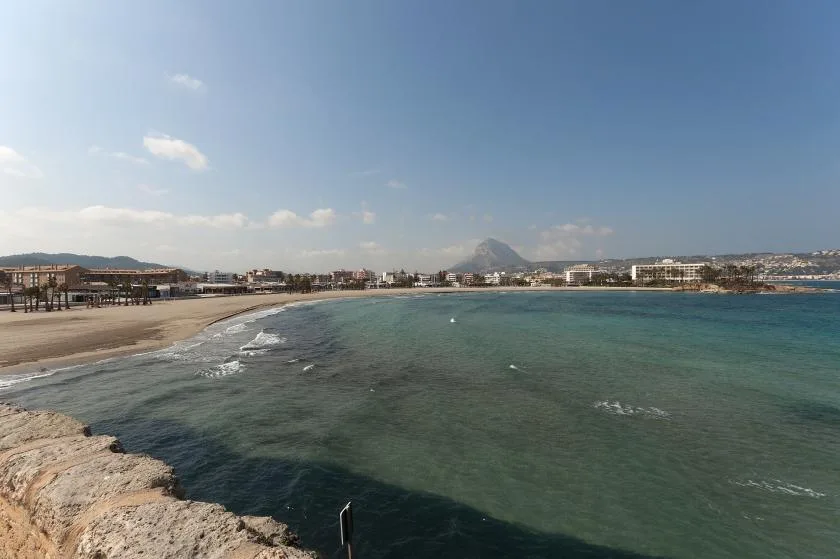 A coastal beach curves beside the sea, with buildings along the distant shore.