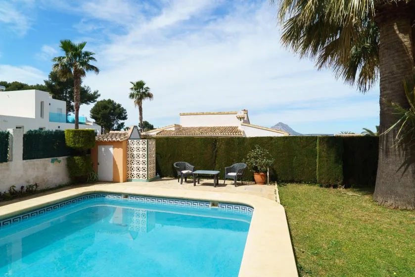 A backyard swimming pool sits beside a grassy lawn and hedge.