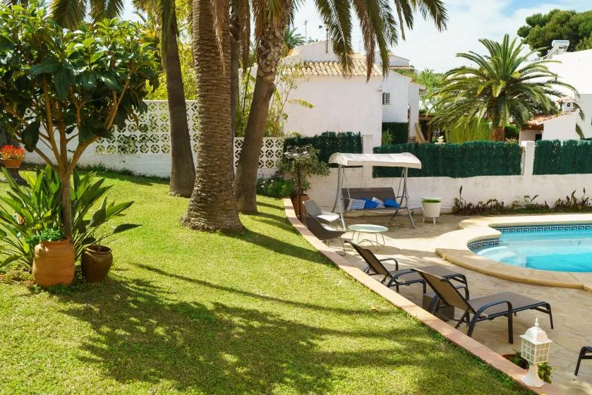 A garden beside a swimming pool, with palm trees and outdoor seating.