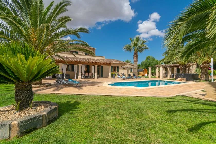 Una zona de piscina al aire libre junto a una casa, rodeada de palmeras y césped.