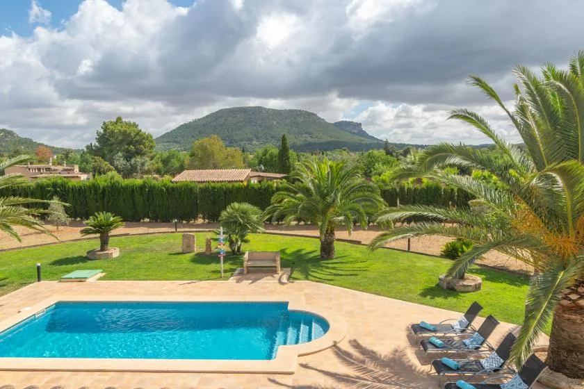 Una piscina al aire libre junto a un césped, palmeras y asientos de descanso.