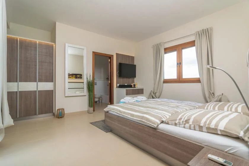 Un dormitorio con una cama, una ventana con cortinas y un armario con puertas correderas.